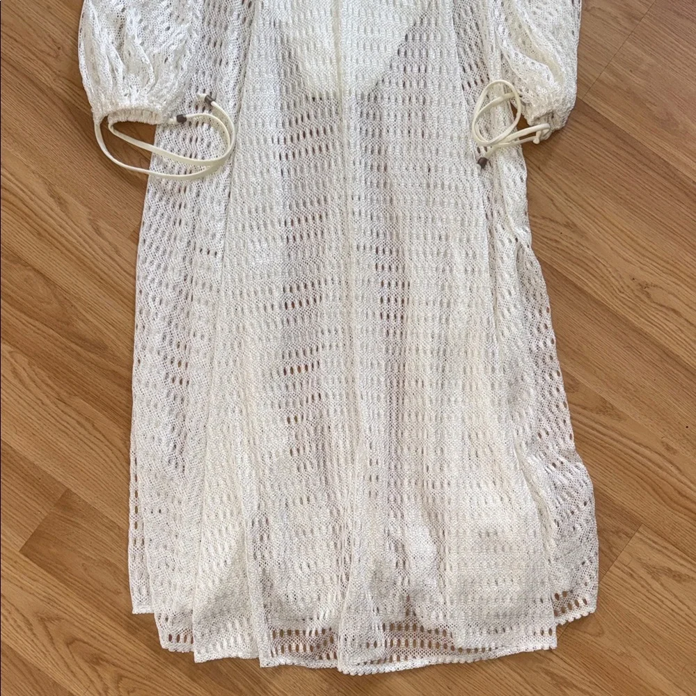 PatBO Plunge Long Sleeve Beach Dress Ivory Lace Mesh Dress Seashell Medium - Picture 9 of 11